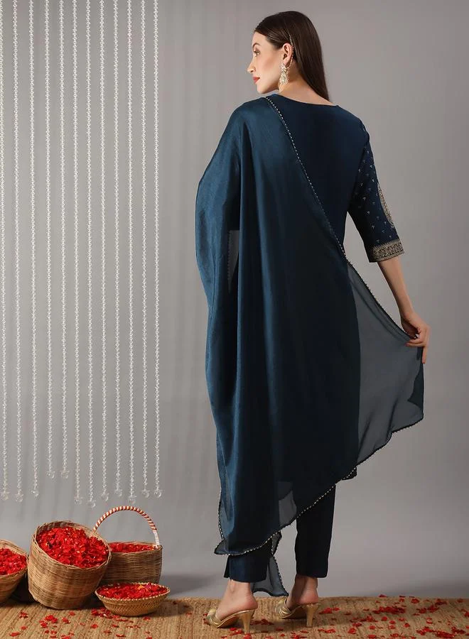 globus Women Navy Blue Ethnic Print Straight Kurta with Pant and Dupatta Set